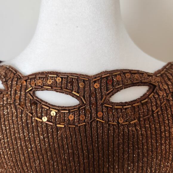 Once Again Sweater Sz Small Women Metallic Gold Brown Ribbed Sequin Fairy Grunge - Picture 7 of 12
